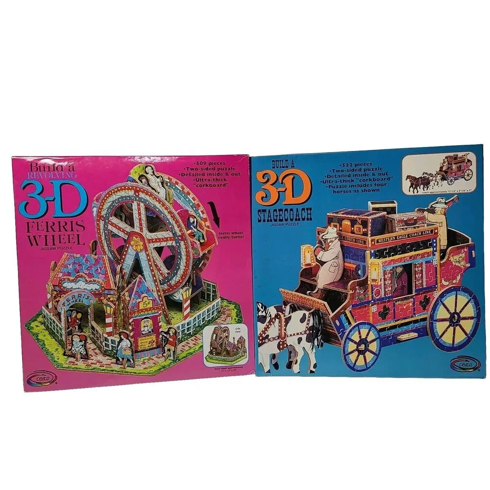 Stagecoach and  Ferris Wheel 3-D Puzzles 2 Jigsaw Puzzles Vintage 1994-95 Ceaco